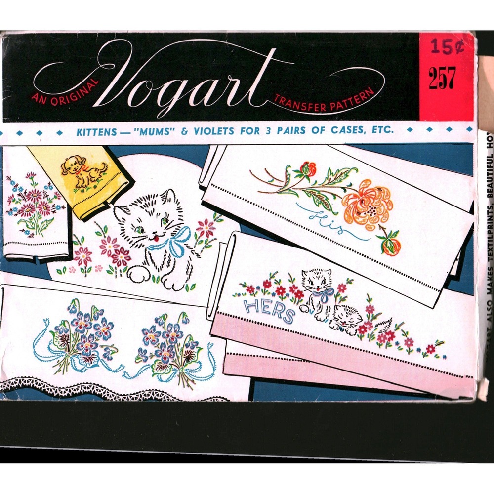 Vintage Vogart 257 Embroidery Transfer Pattern Kittens Mums Violets His Hers
